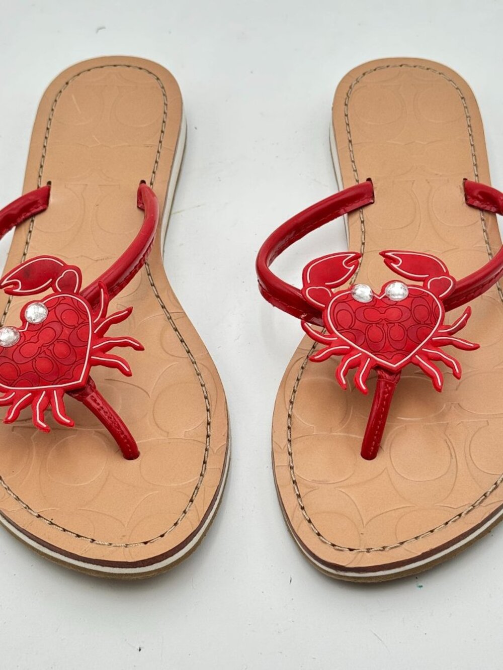 Y2K Coach Marina Crab Sandals Flip Flops Womens 8B Red Rhinestone 2000s Summer